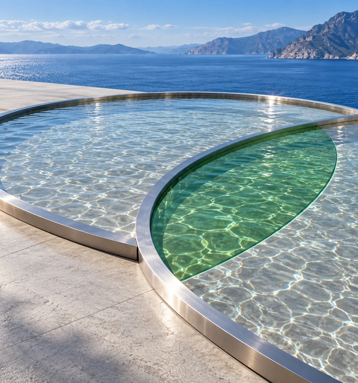 Two shallow round pools on a stone terrace above the sea, their steel rims crossing; where the two overlap, the water is emerald.