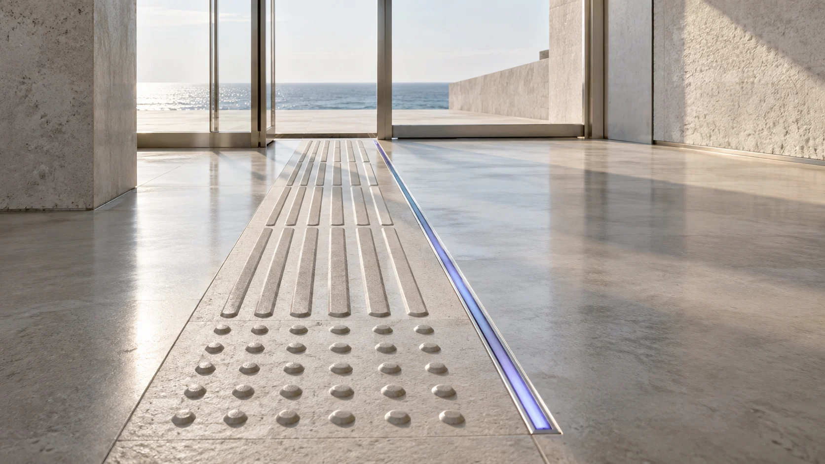 A close view of an entrance floor: a strip of tactile guidance paving in pale stone, raised bars then domes, crossing polished concrete towards a glass door in low side light, with a thin line of violet-blue light inlaid along one edge of the strip.