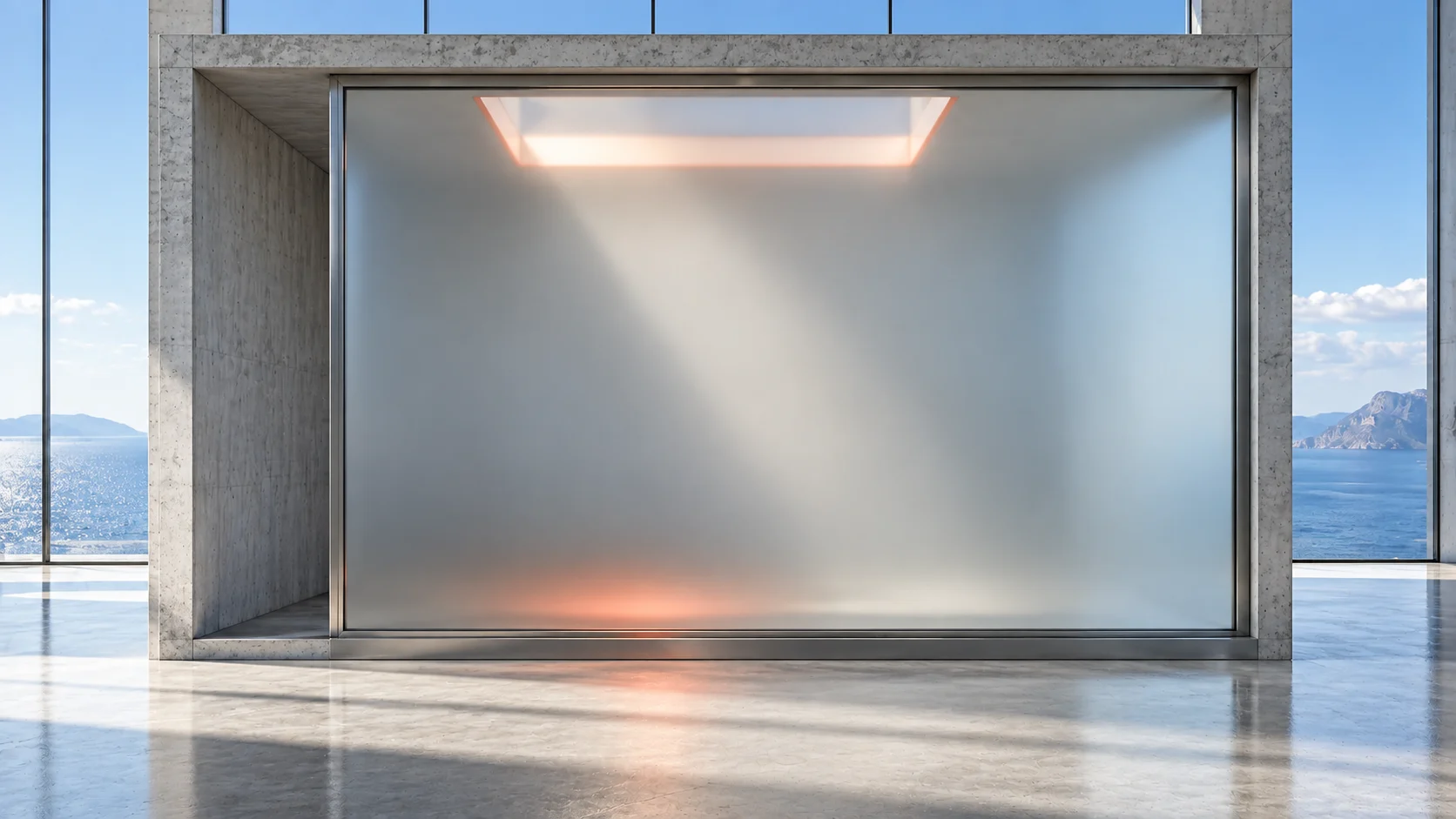 A frosted glass front in a concrete frame fills the view, softly lit from within; nothing behind it can be made out, and one warm carnelian reflection lies low on the glass and the floor.