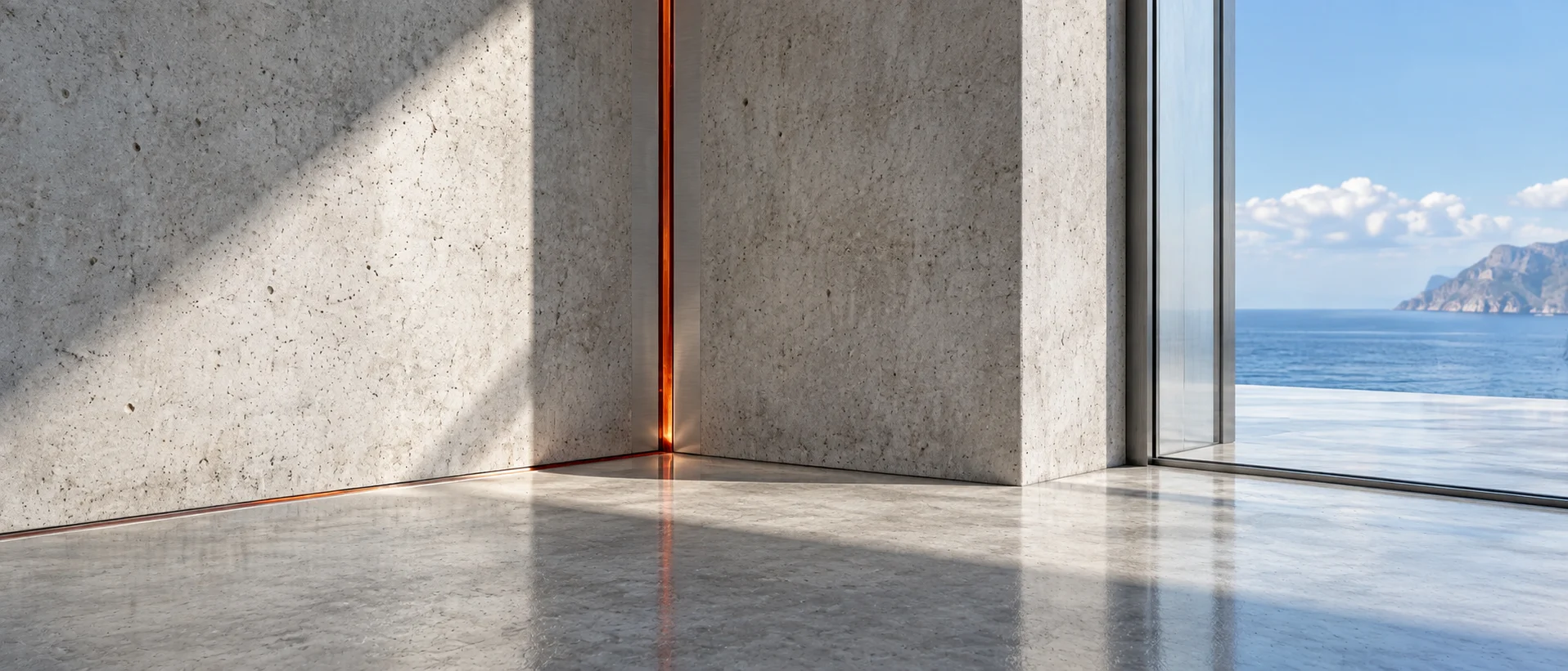 A corner where two concrete walls meet above a polished floor, with a thin upright line of carnelian light in the joint and the sea through glass at the right.