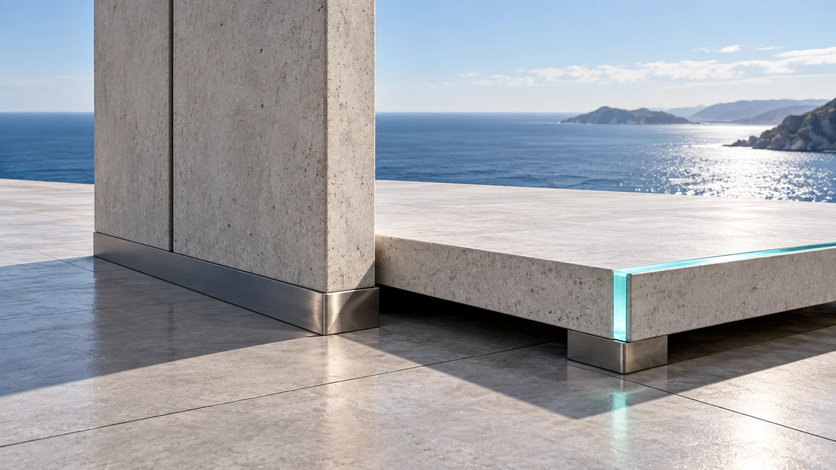 Close and low on the terrace: the foot of a raised concrete slab seated in its steel shoe, and beside it the end of a lying slab on its steel bearer, a hairline of aqua light along its edge.
