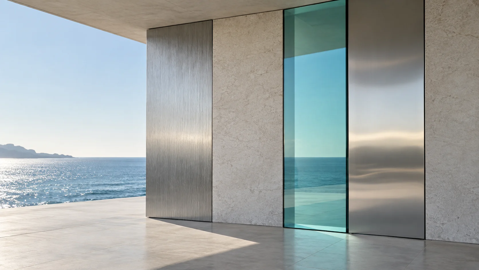 Four upright panels side by side in a wall above the sea: brushed steel, pale stone, aqua glass and polished steel.