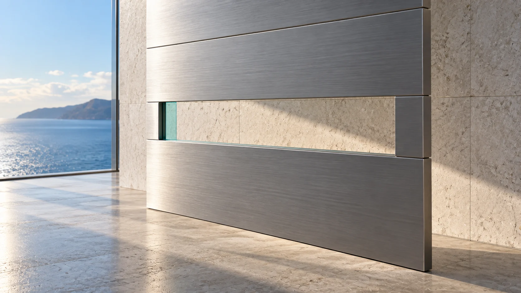A wall clad in wide bands of brushed steel with one long slot left open in it, the stone showing through and a small pane of aqua glass at one end; the sea at the left.