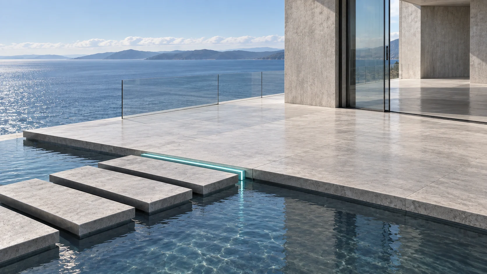 The stepping slabs reach the stone terrace across the water, a line of aqua light at its edge; beyond, an open glass doorway and an empty room, with the sea behind.