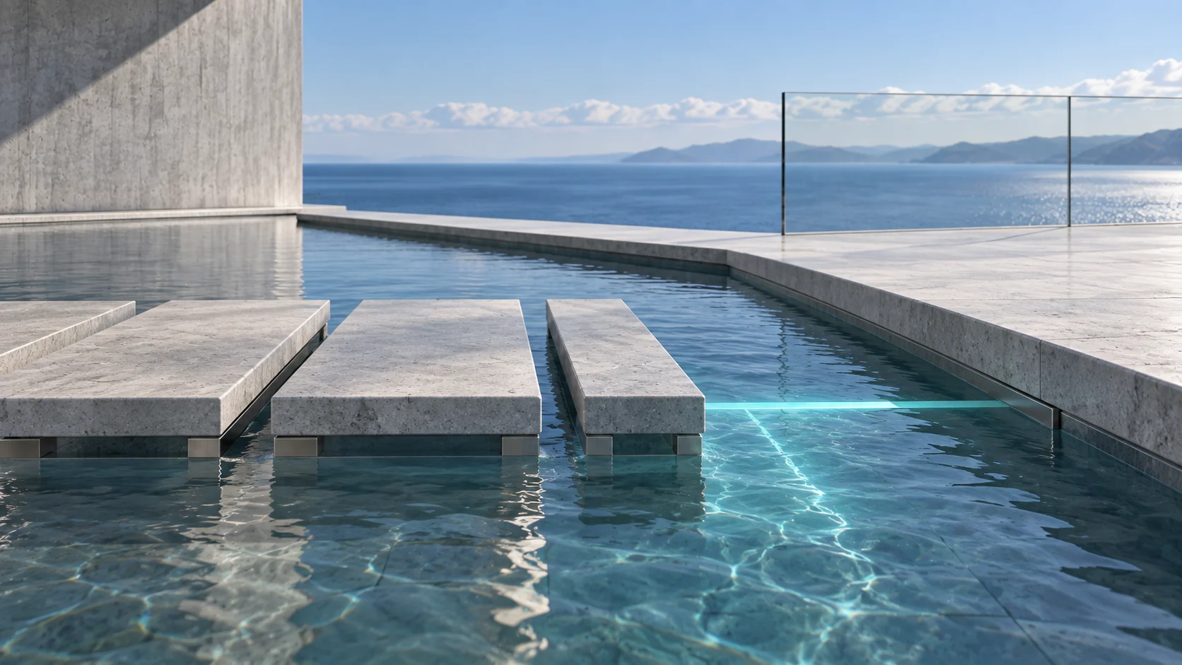 A crossing over shallow water, seen near water level: three slabs of honed stone are laid, and where the fourth would lie there is open water with a line of aqua light beneath it.