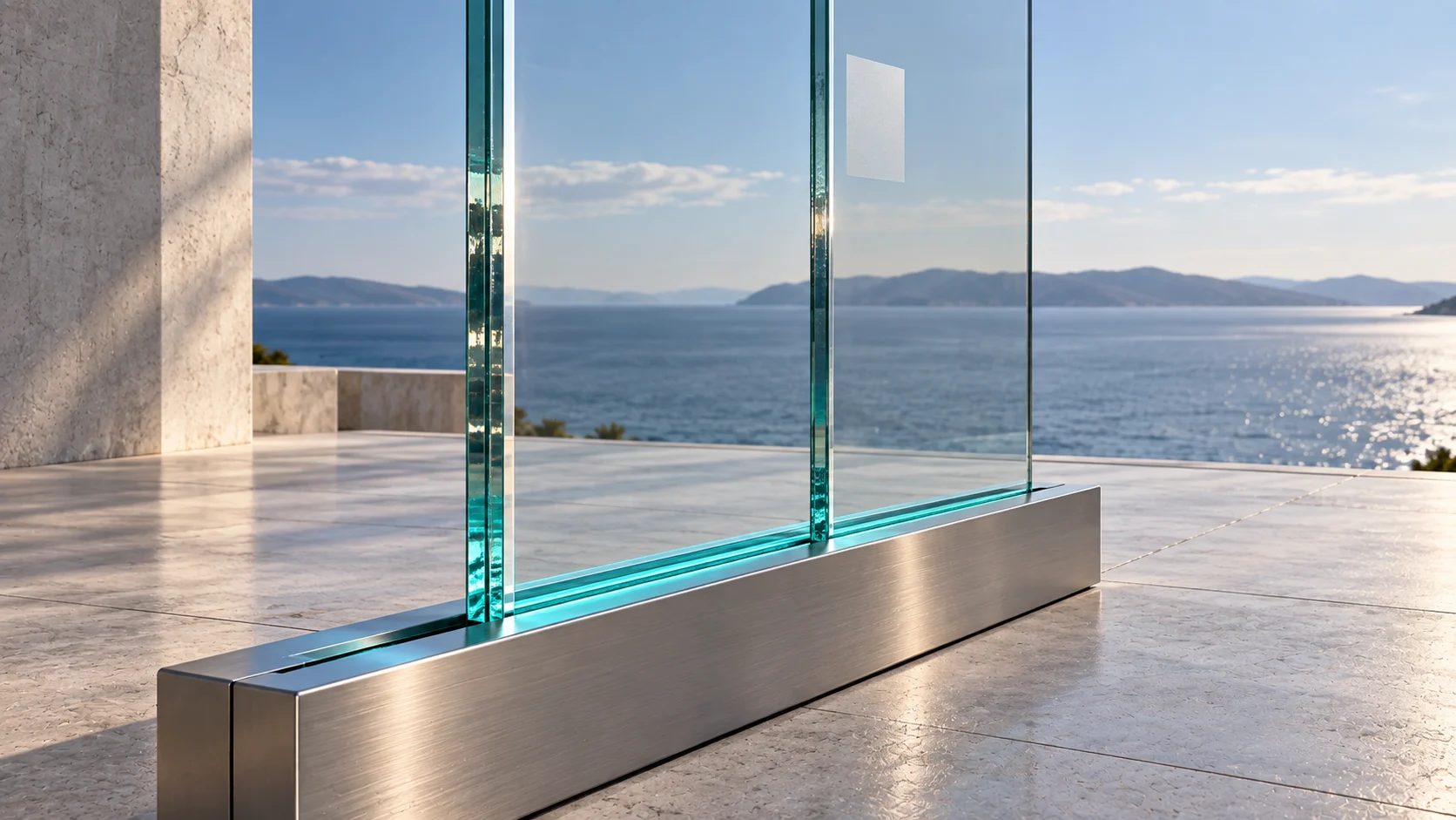 Looking through the front sheet of glass near its edge: a small plain square etched on the rear sheet sits slightly displaced where it is seen through the front one. The rail’s brushed lip crosses the foot of the frame with a hairline of aqua in its slot.