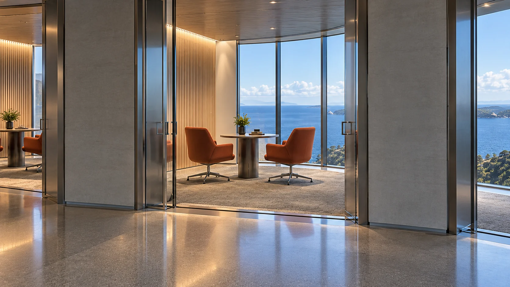 Arriving at a consultation bay from the gallery: the steel door stands open, two orange chairs wait at a round table, and the sea lies beyond the glass.