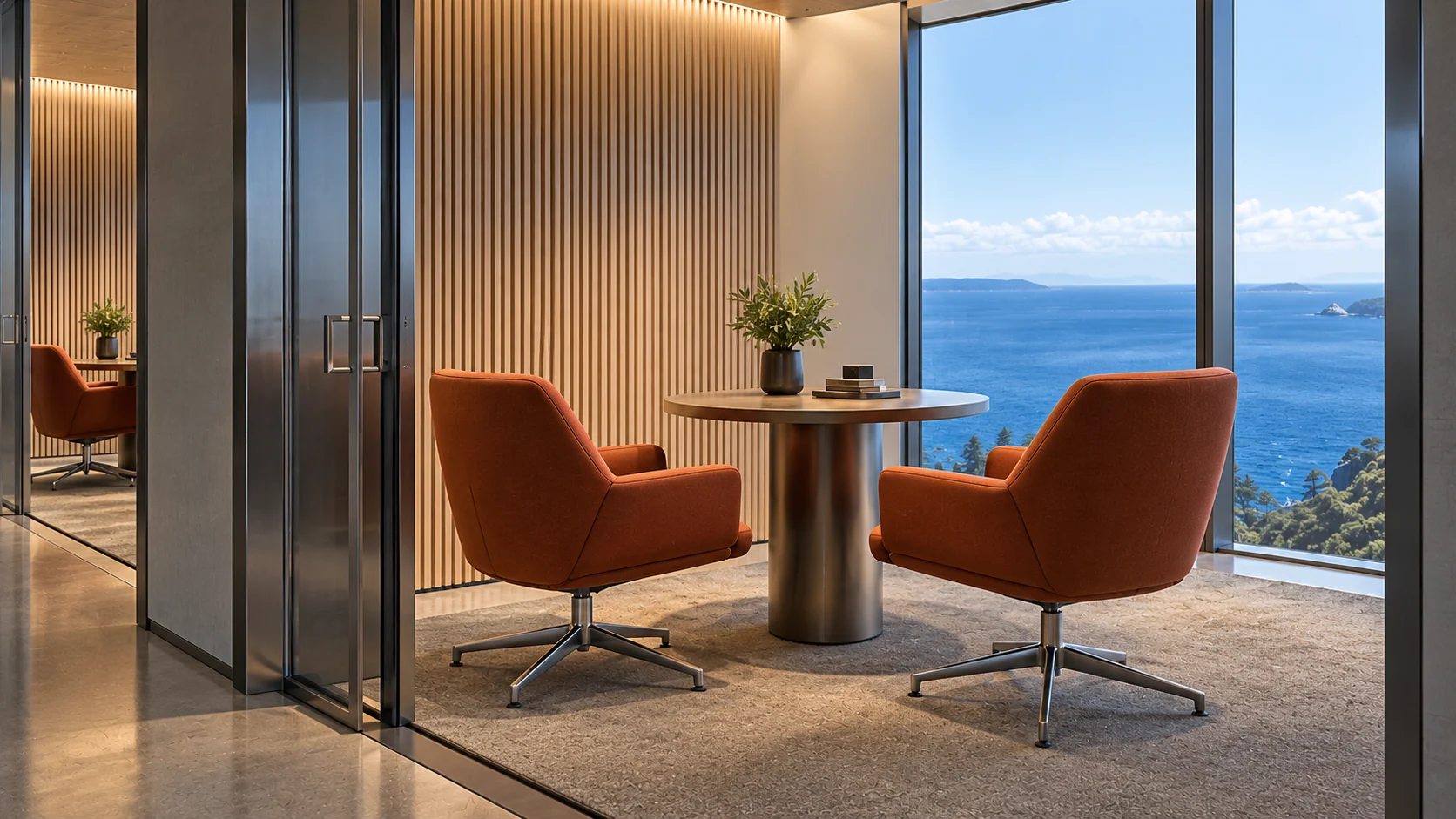 One consultation bay, close: two orange chairs at a round table beside a slatted timber wall, the sea beyond the glass, and the next bay through a steel doorway.