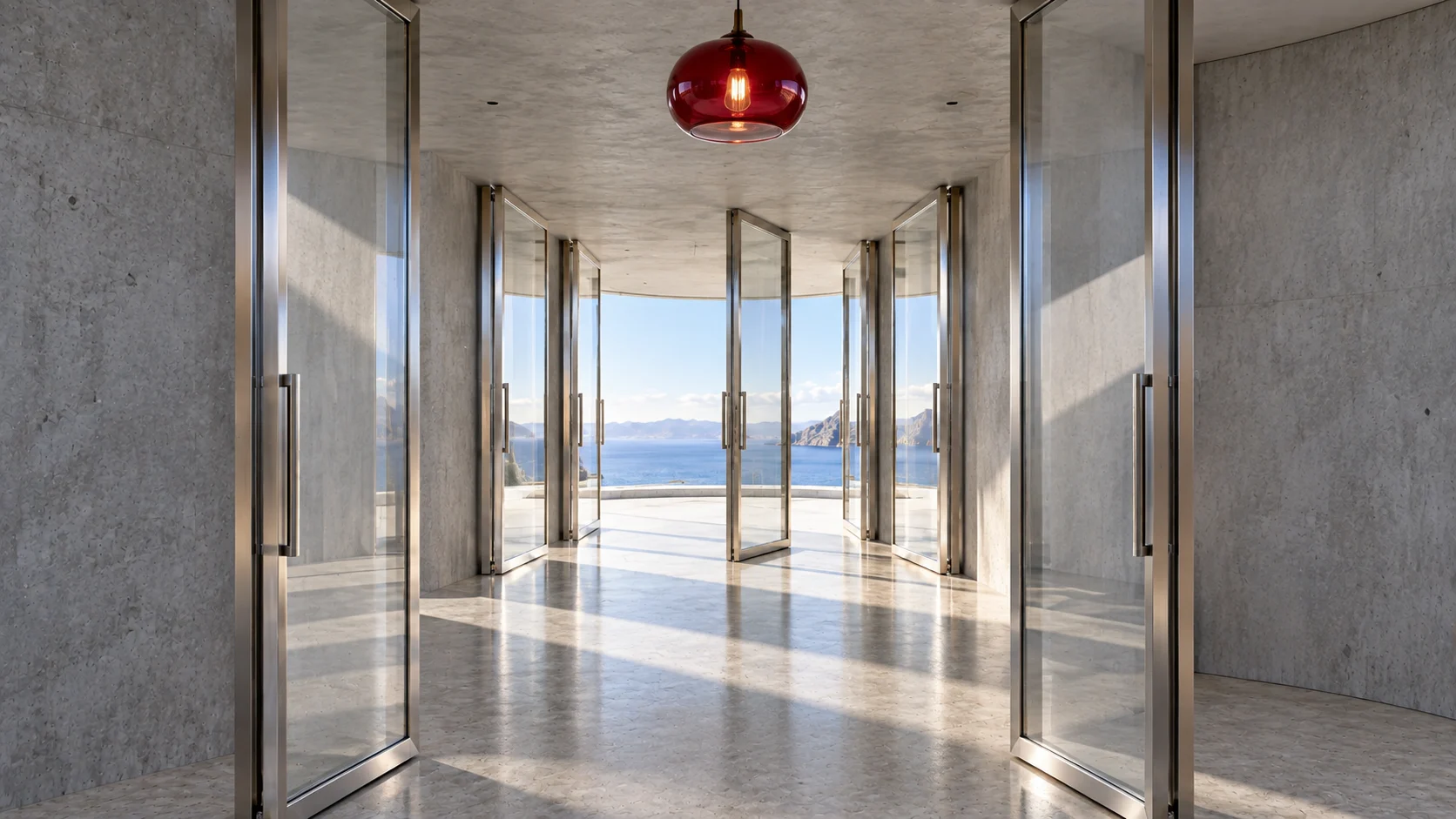 The same passage seen from the end room, looking back: the glass doors stand open and daylight runs the length of the floor to the sea. The ruby lamp hangs close at the top edge.