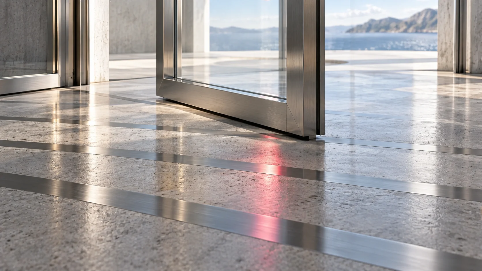 Close on the passage floor just past one half-turned glass door: its brushed-silver frame and floor pivot, inlaid metal bands of different widths crossing the polished stone, and one soft ruby reflection lying across them.