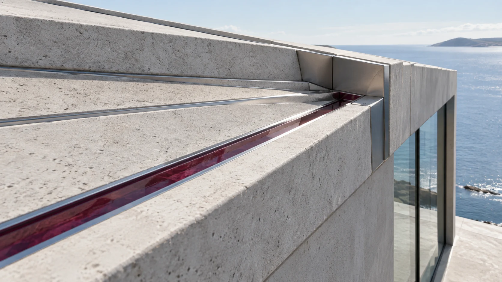 Along the top of a stone parapet, inlaid steel lines and one of rhodolite glass run together to a steel end piece at the corner, with the sea beyond.