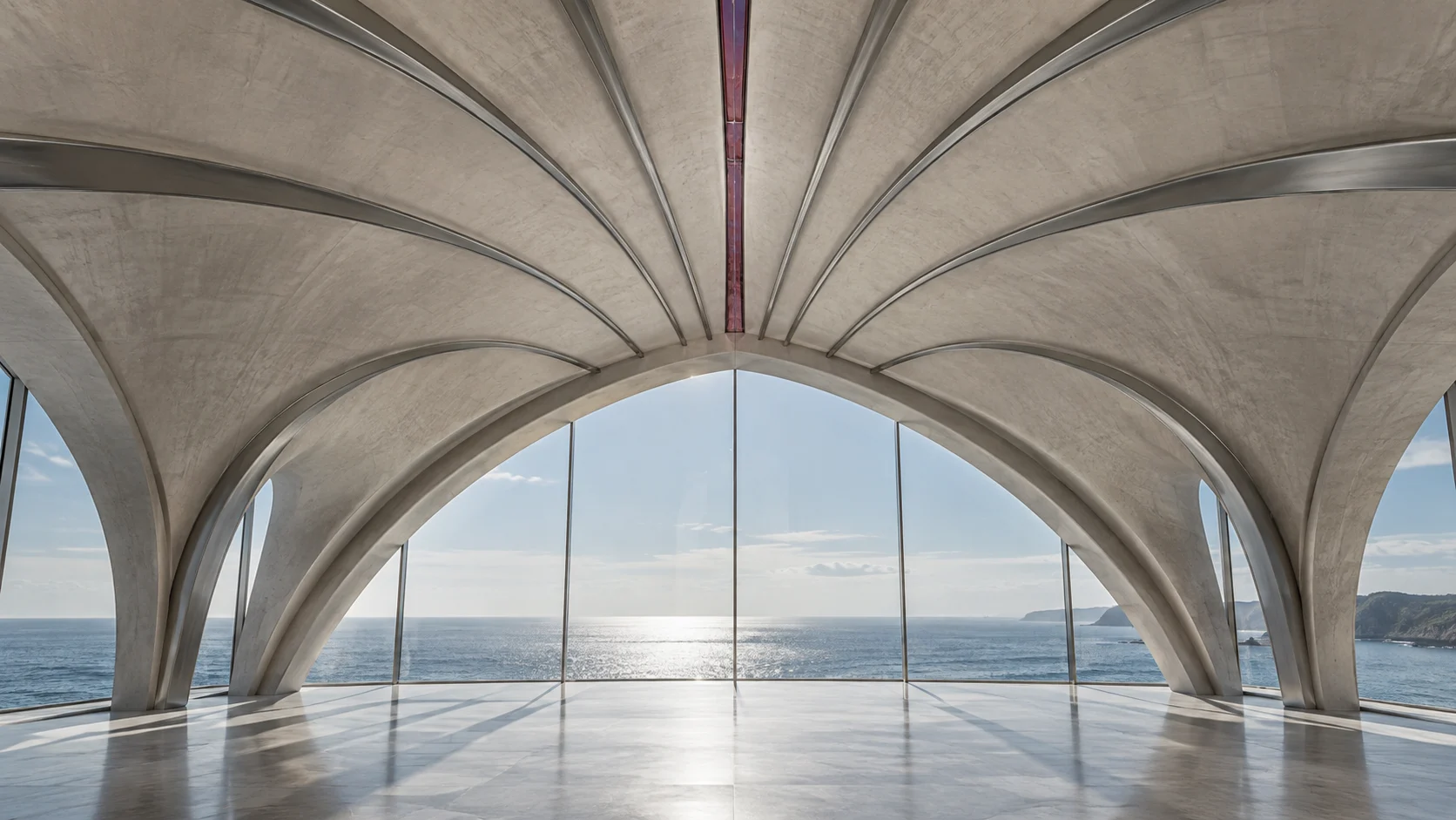 A vaulted concrete ceiling above an arched window onto the sea: steel ribs spread across the vault and gather into one line at its crown, one of them rhodolite glass.