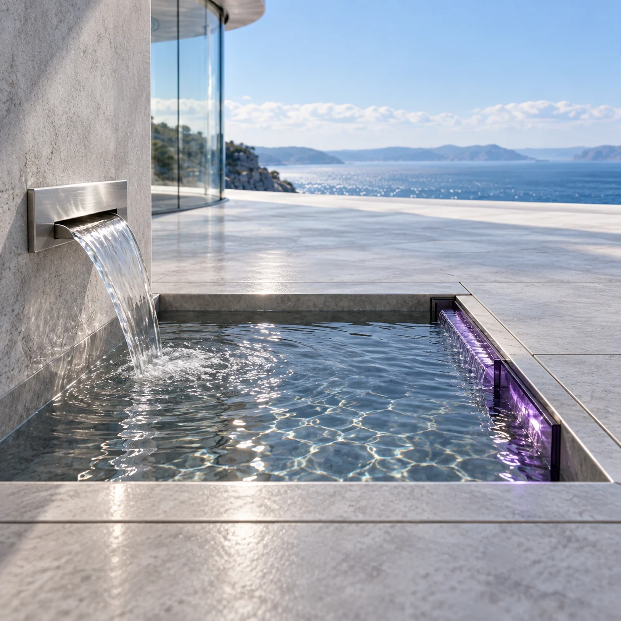 One square stone basin in the rill: a steel spout feeds it from one side, a narrow slot with a violet glass plate lets water leave on the other, and the surface lies still between them.
