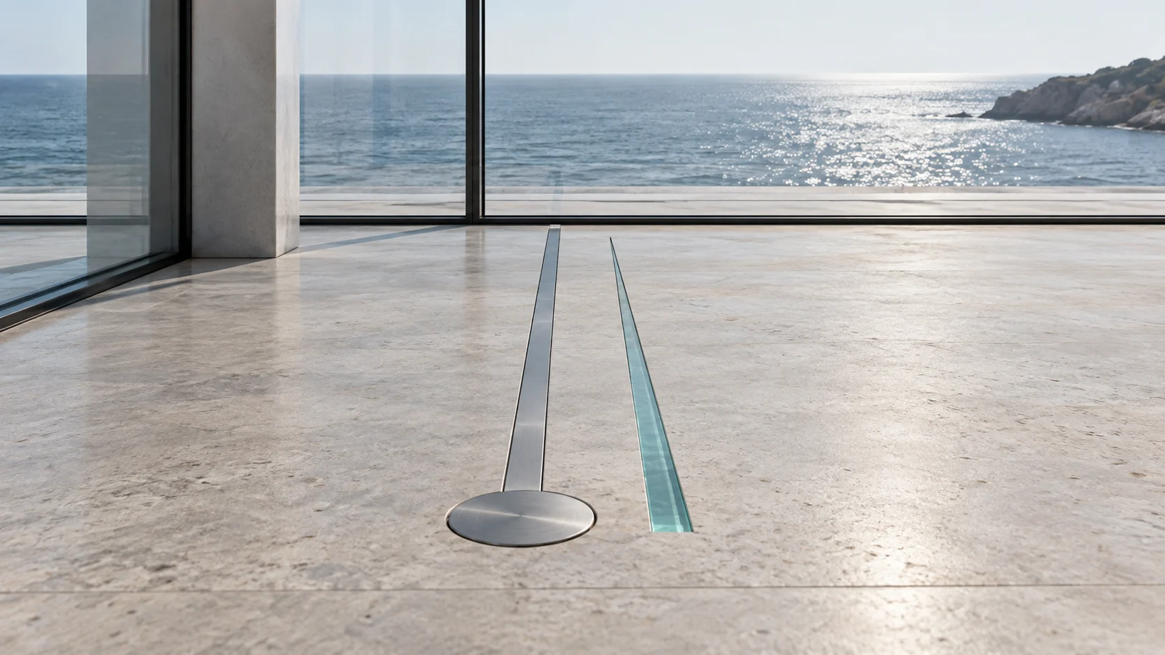 Close on the stone floor: one inlaid line of brushed steel ends cleanly at a flush steel disc. Beside it a second line, of aqua glass, has no disc: it thins to a hair and runs out into the stone.