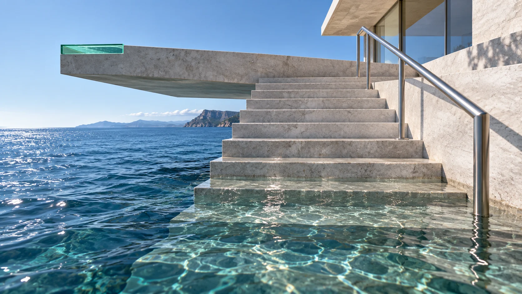 Stone steps with a steel handrail climbing out of clear, shallow water to a terrace; above them a slab reaches out over the sea with an emerald glass end.