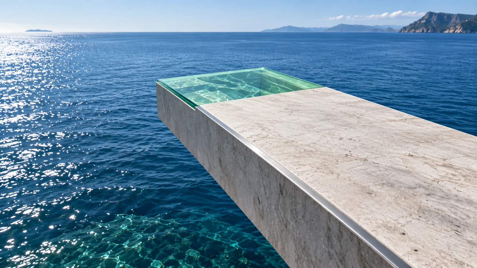 A long stone pier reaching out over open sea, its far end a block of emerald glass.