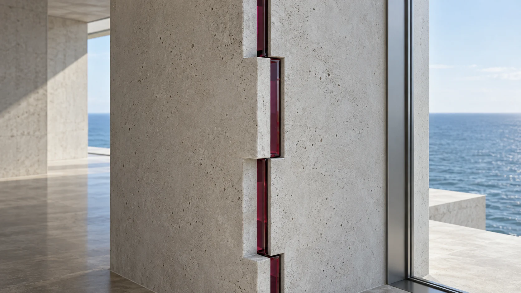 A stepped upright joint in a concrete pier, where two halves key into each other, with deep red glass showing in the joint and the sea on either side.