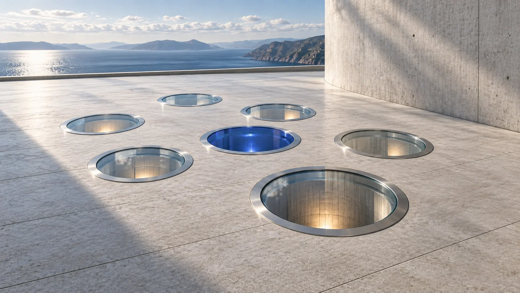 The same terrace from further back and higher: a plotted field of circular openings across the stone floor, a few lit from below, one of them sapphire.