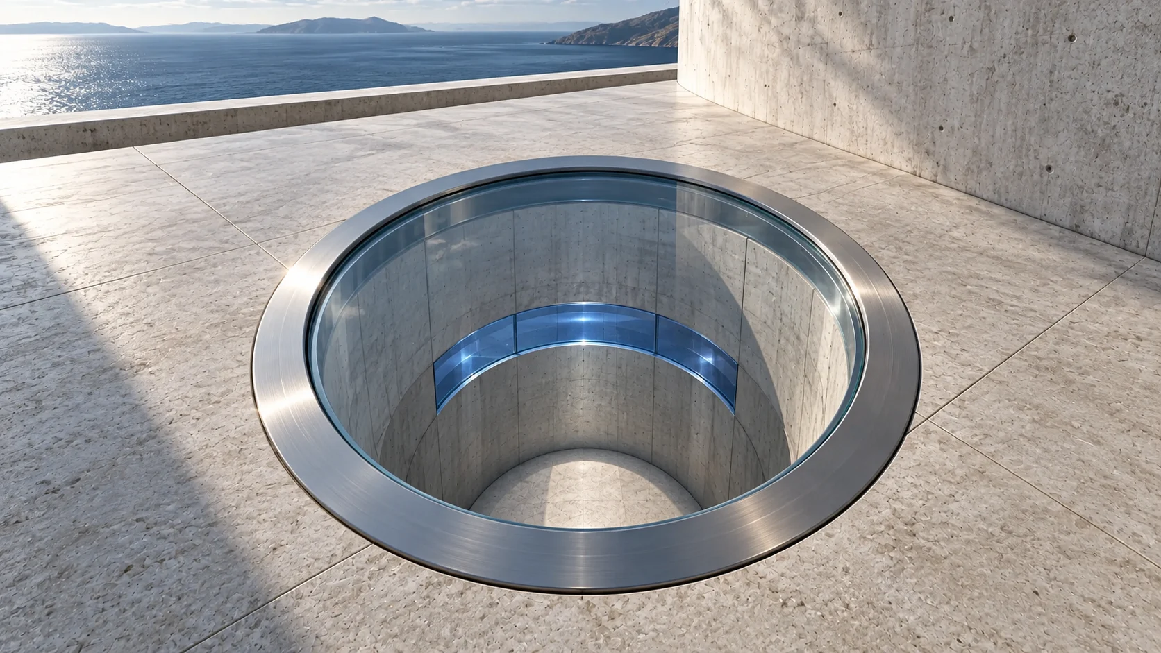 Looking down into one round well in the stone terrace: a steel rim, a steel liner going down to a bright floor, and partway down a band of sapphire glass.