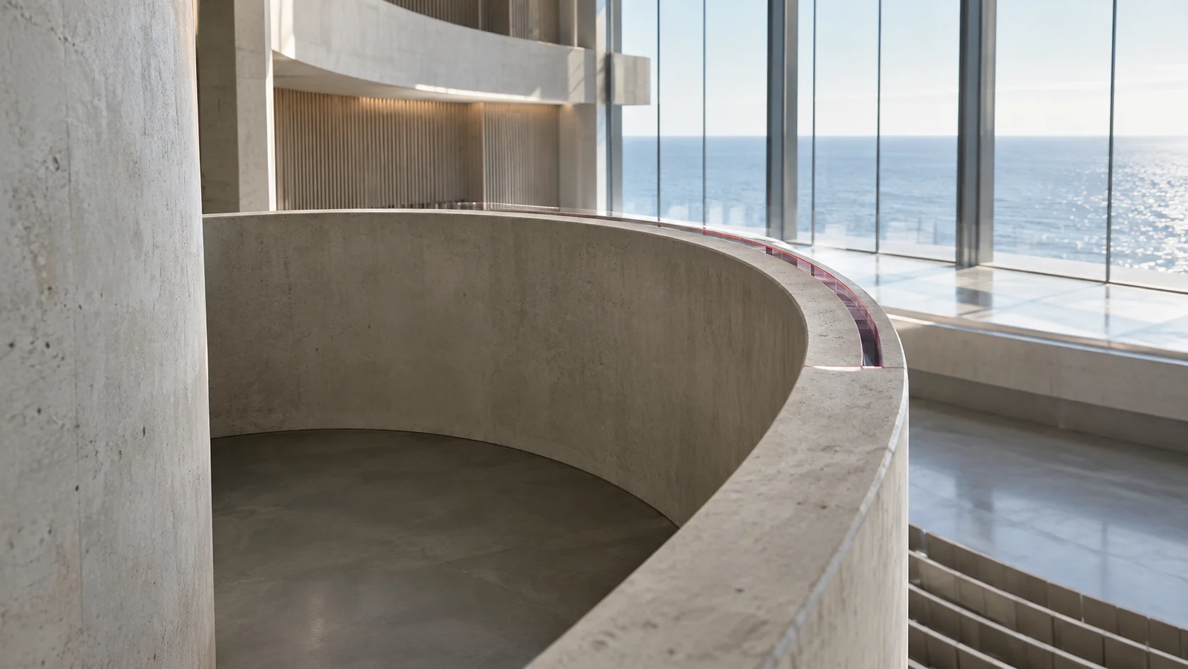 A curved concrete balcony seen from behind its parapet, a thin line of rhodolite light along the rim, with a glazed wall and the sea beyond.