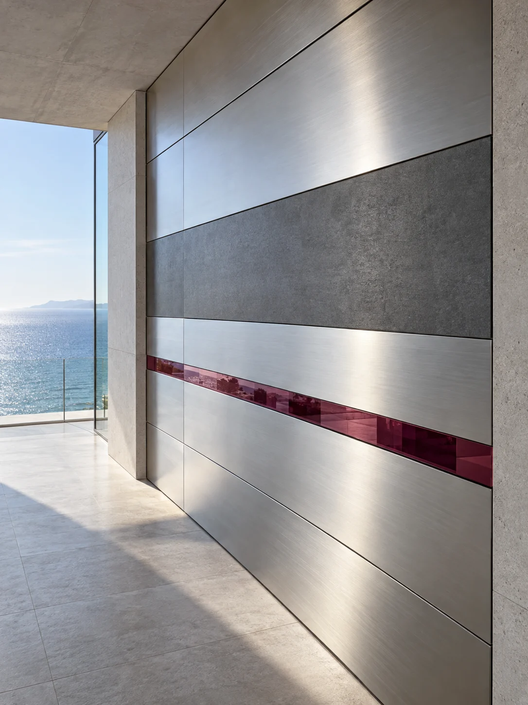 An upright wall made of wide horizontal bands of silver. Most are polished and bright with daylight; one is matte and dark. A thin line of rhodolite glass runs between two of the polished bands.