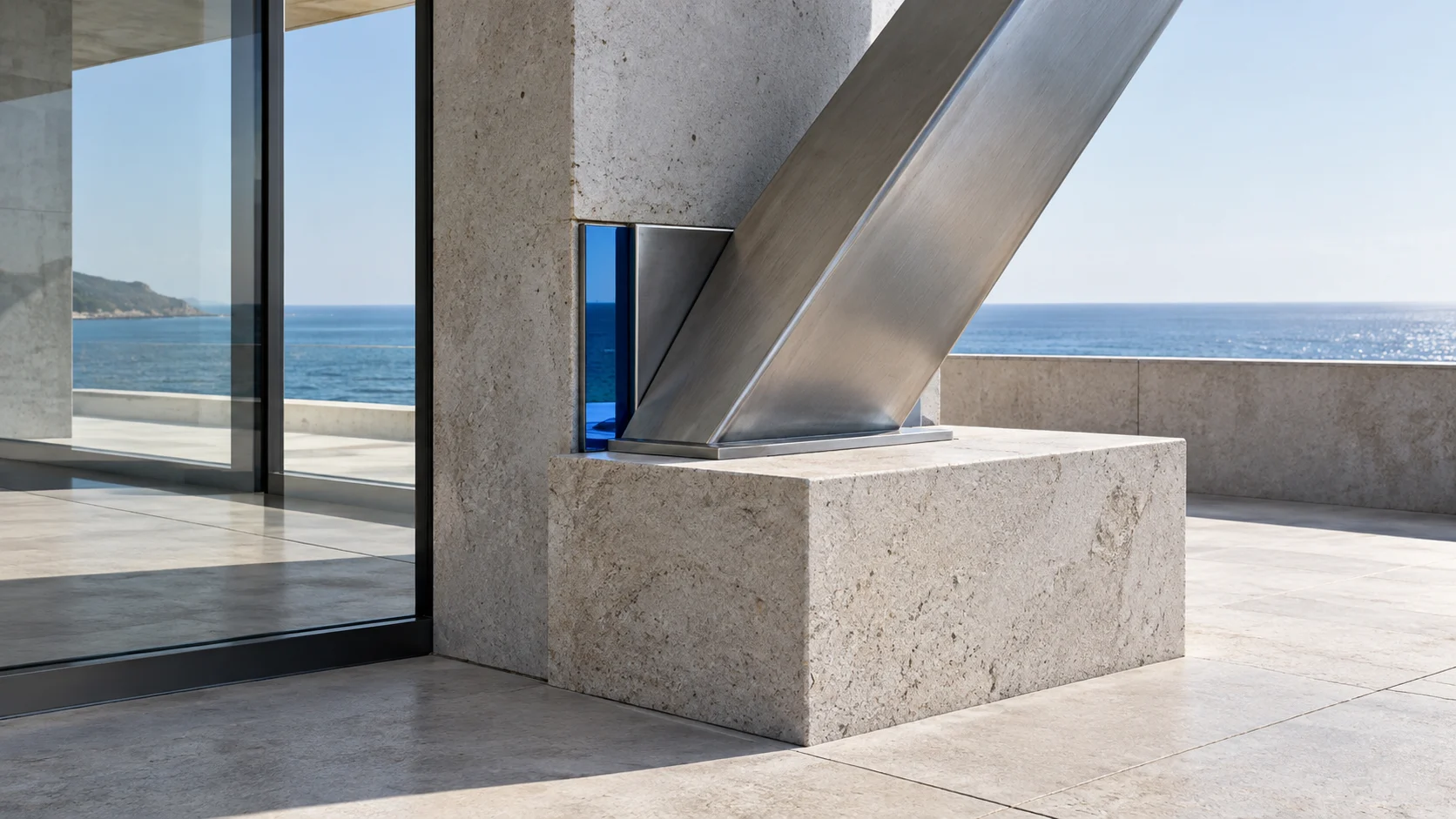 The foot of a steep steel strut where it lands on a stone block, with an upright strip of sapphire glass set in the wall beside it and the sea beyond.
