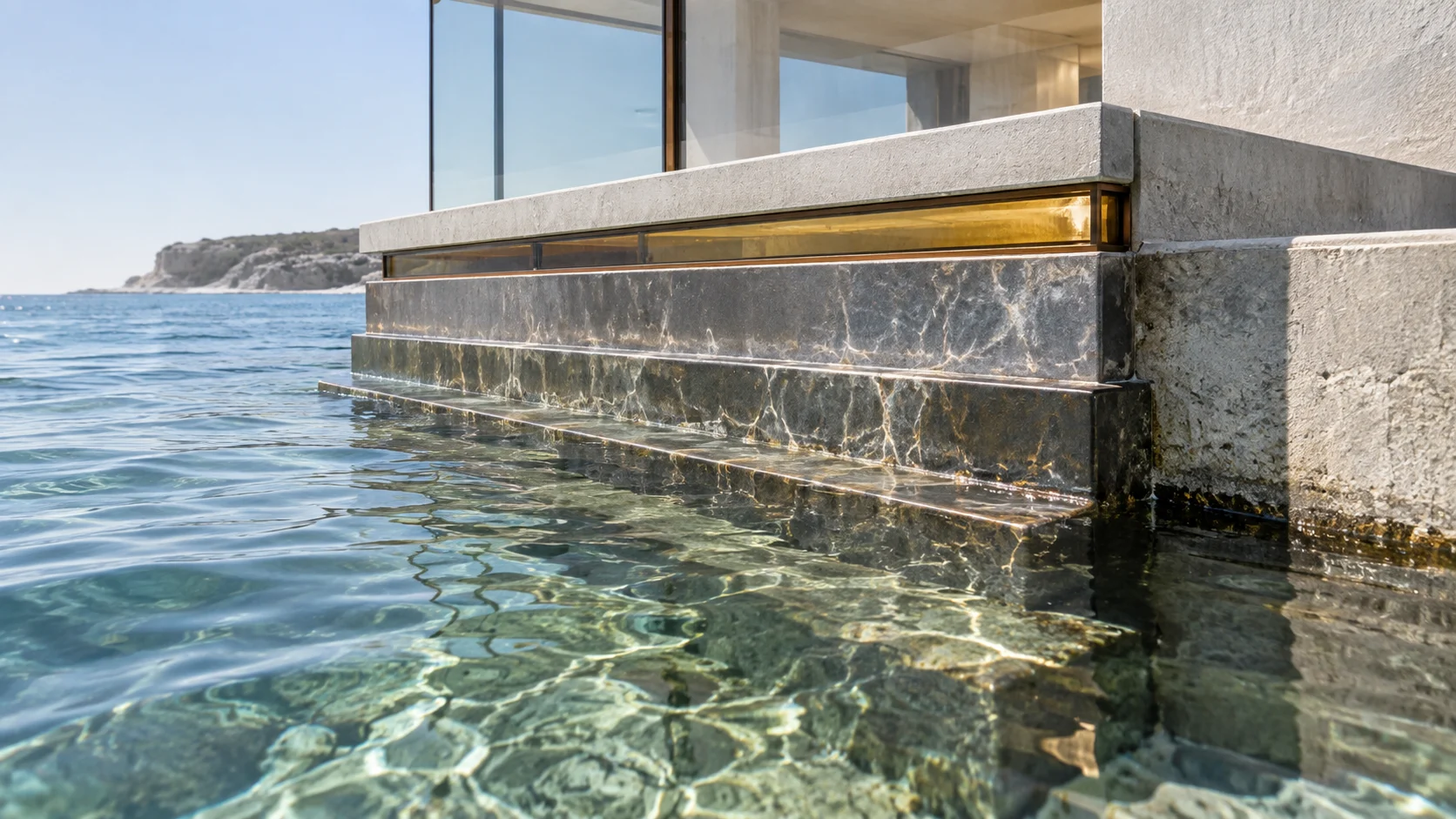 At water level: three stone steps of a terrace going down under clear, shallow water, with a line of citrine light beneath the edge above them.