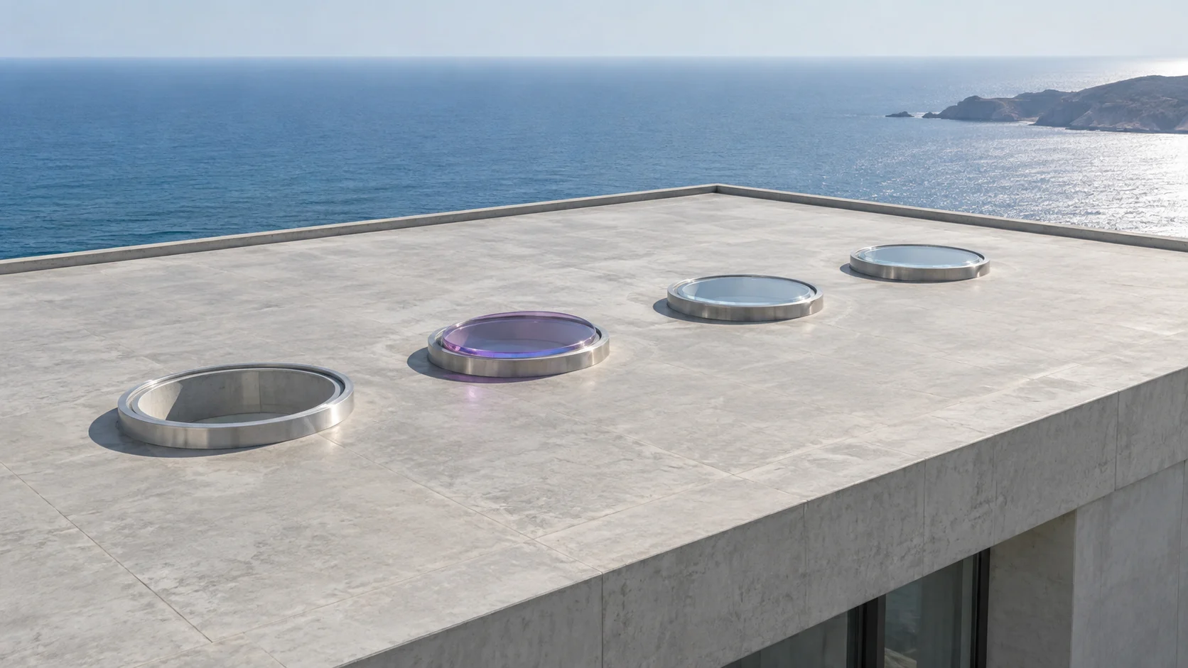 Four round roof lights in a row on a flat concrete roof above the sea, each rimmed in steel; the second is violet glass.