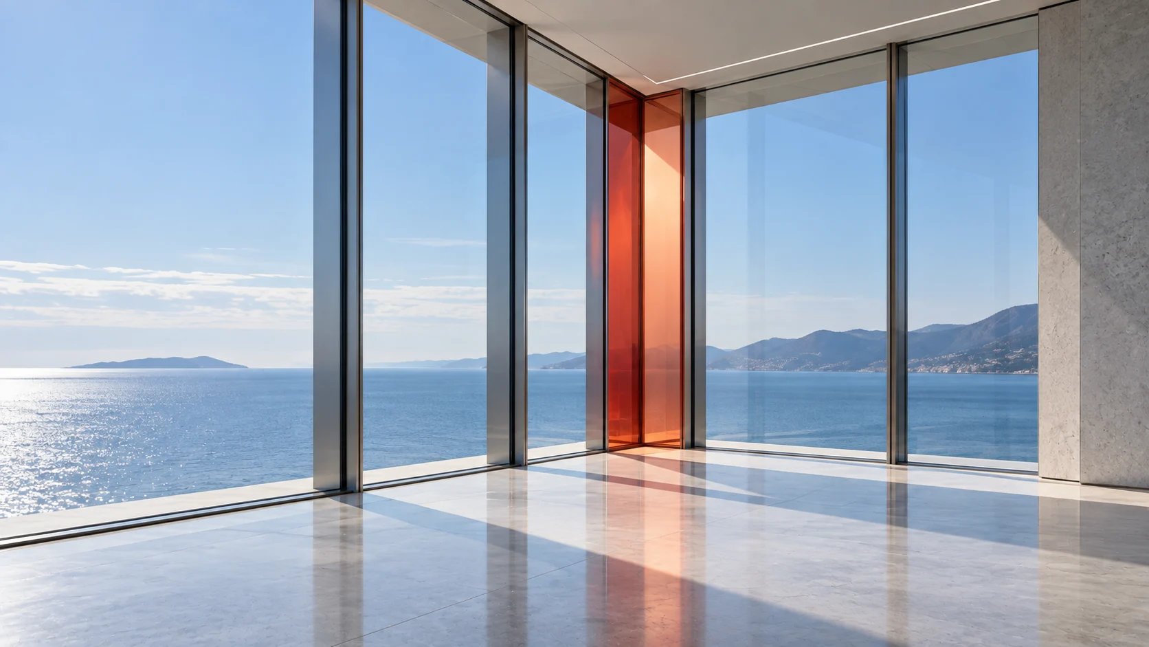 Inside an empty glazed corner room in daylight, looking out to the sea: floor-to-ceiling glass on two sides and one tall panel of carnelian glass at the corner, reflected in the polished floor.