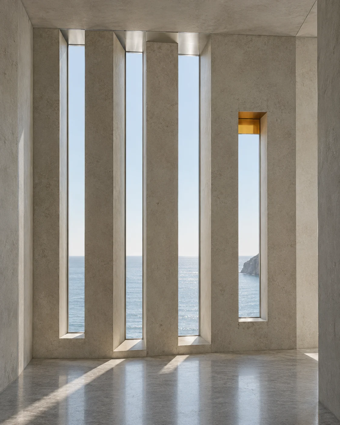 A concrete wall with four tall, narrow openings onto the sea: three reach the same height, and the fourth stops lower under a block of amber glass.
