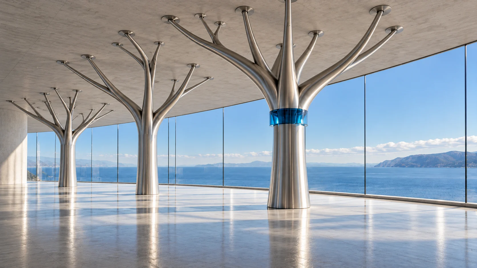 A long hall of branching steel columns receding along a glass wall in late light, each dividing differently from the next. Only the nearest column has a sapphire collar.