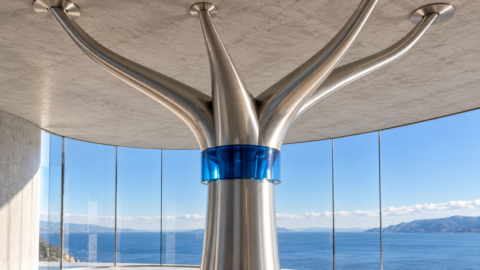 A polished steel column dividing into four boughs under a concrete canopy, a collar of sapphire glass around its trunk, with a curved glass wall and the sea behind.