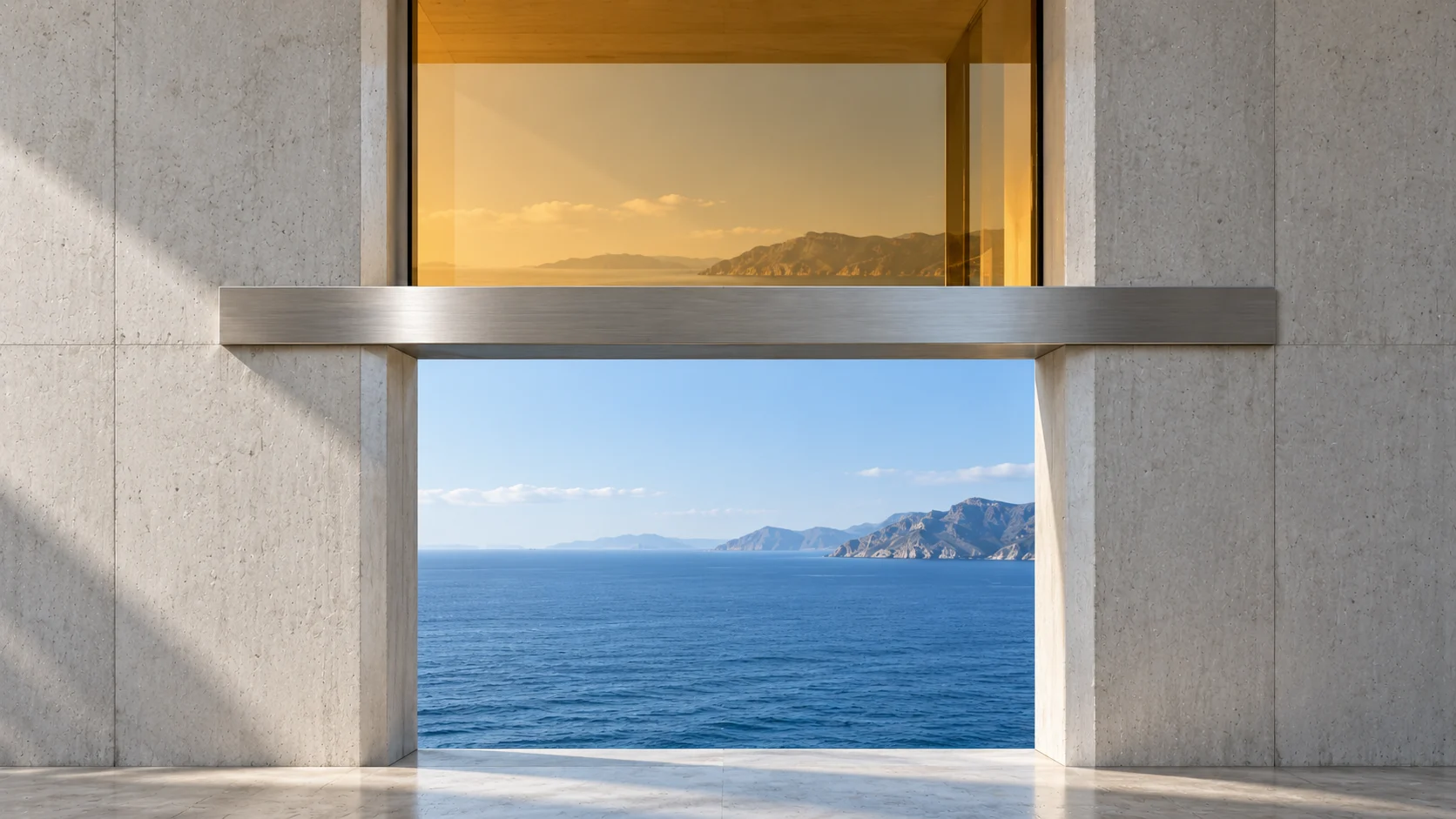 The same two openings seen from inside the room, in shade: the sea through the lower one, an amber sky through the upper, the steel beam dark between them, and a clear stone floor running up to the wall.
