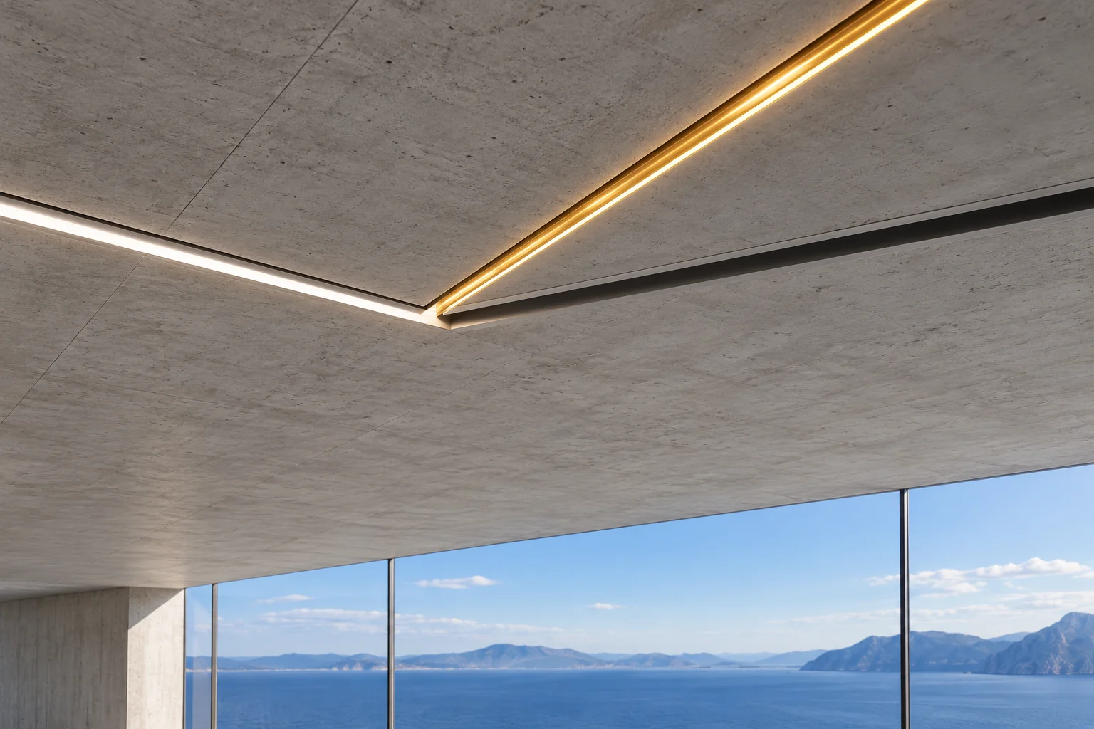 Close under the place where two channels in a concrete ceiling part: one runs on as a line of yellow light, the other is cut the same way but stays dark.