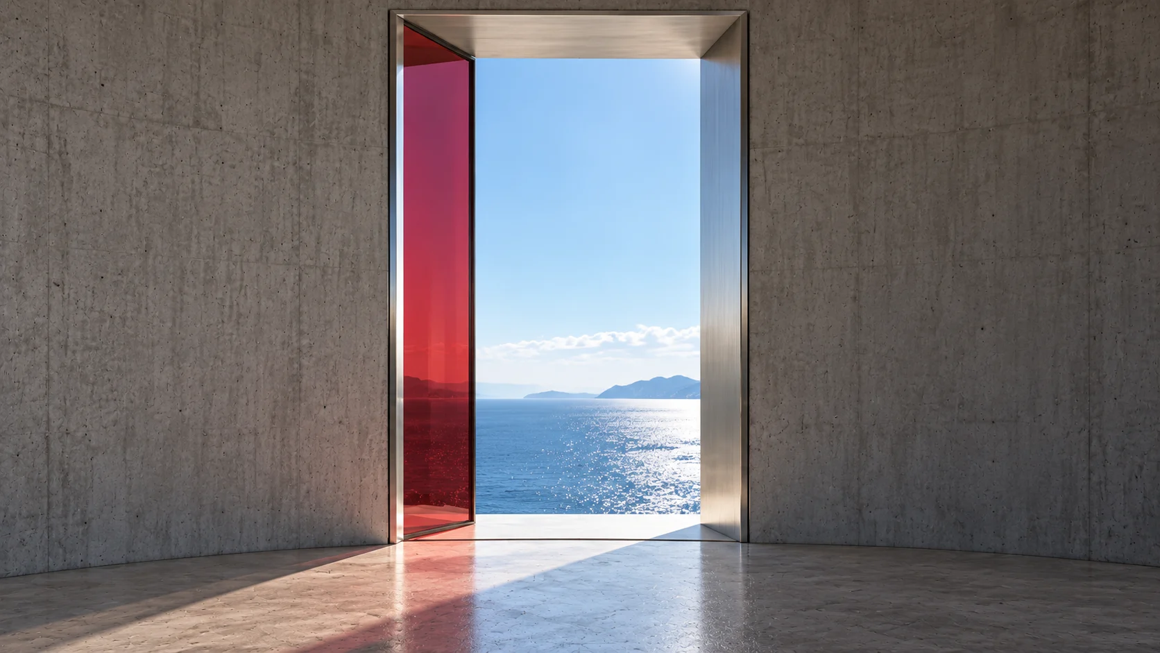 One tall opening at eye level and straight on: a deep reveal lined in brushed silver, and through it the sea horizon in daylight. The edge of a ruby glass leaf stands at the left, turned open.