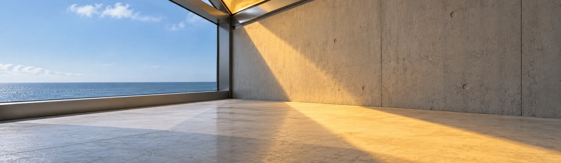 The room under the roof light at eye level, later the same day: the amber light has left the wall and lies across the stone floor as one long, slanted shape.