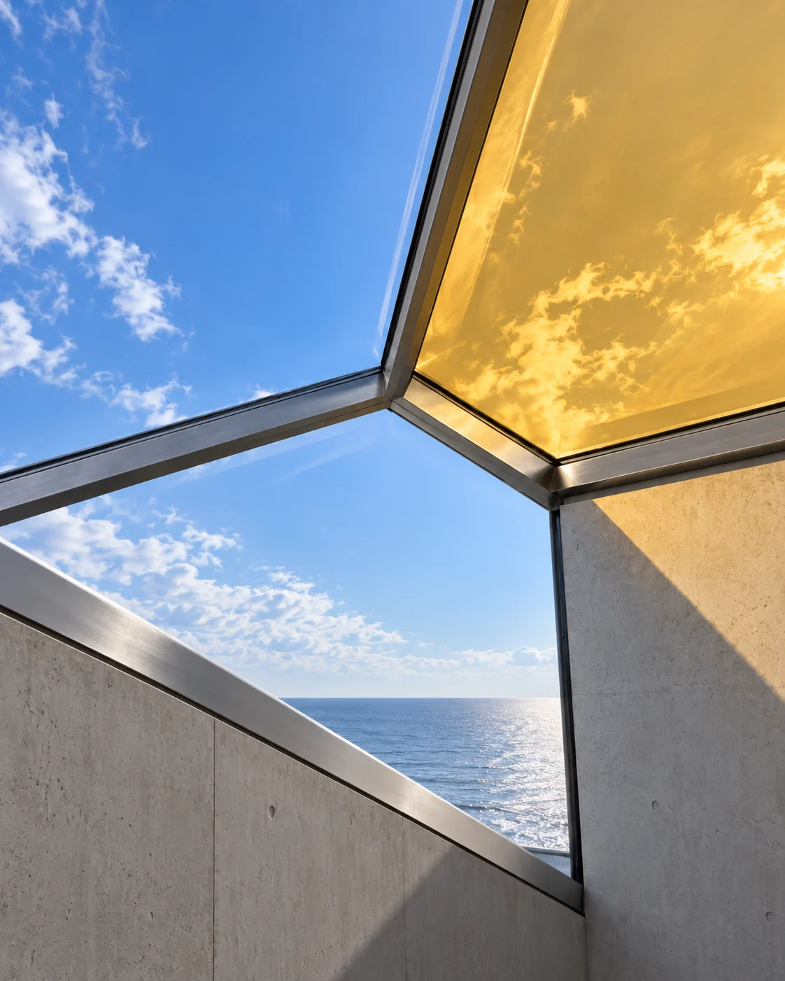 Three panes of clearly different sizes meeting at an off-centre point in a concrete frame: two clear to the sky and the sea, and the amber one the largest.