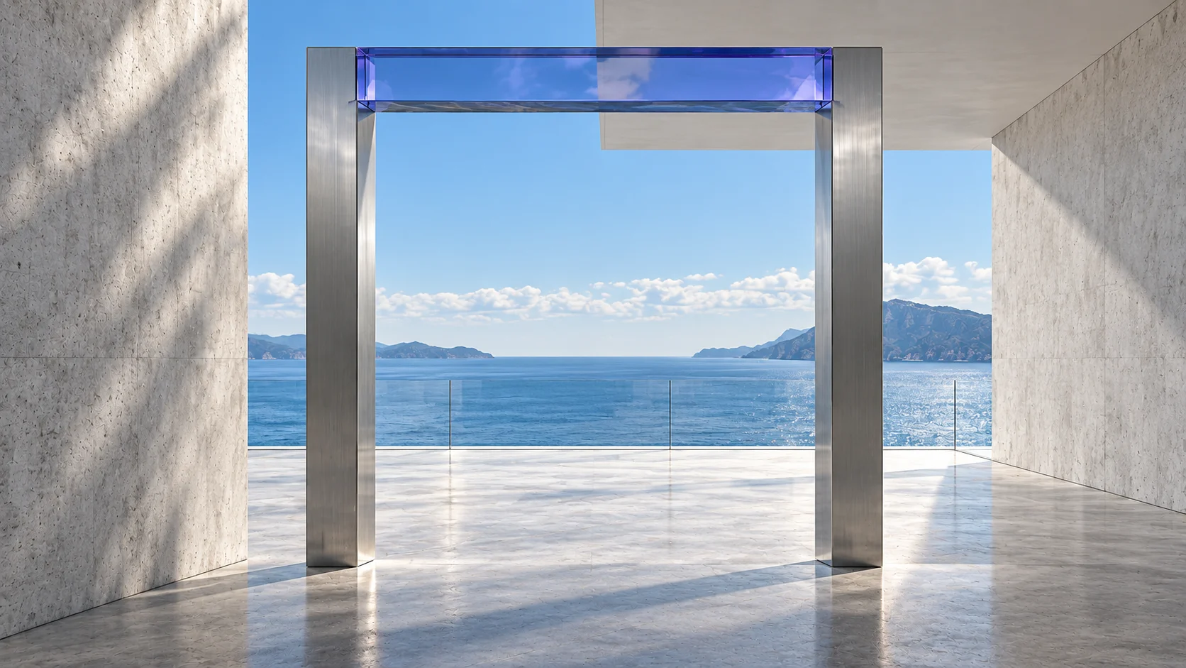 Looking through one finished steel frame from shade onto a bright terrace and the sea, with a lintel of iolite glass across its top.