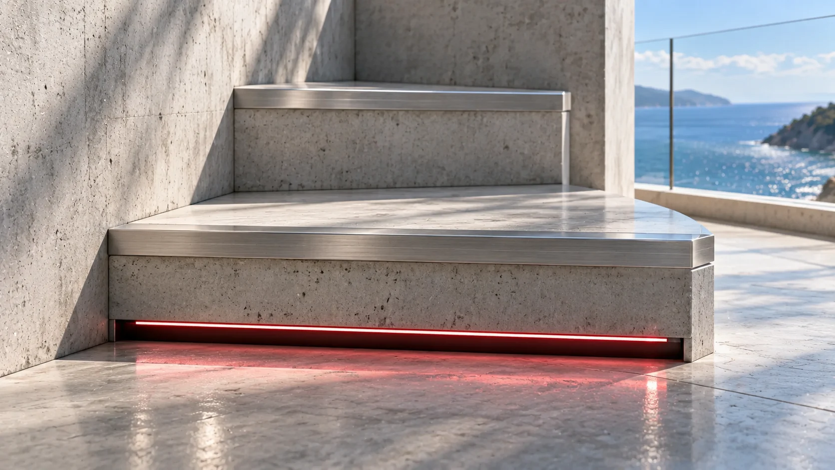 Close on a single tread and riser of the concrete stair: the brushed-silver nosing in sharp focus, a line of ruby light beneath it, the treads above out of focus.