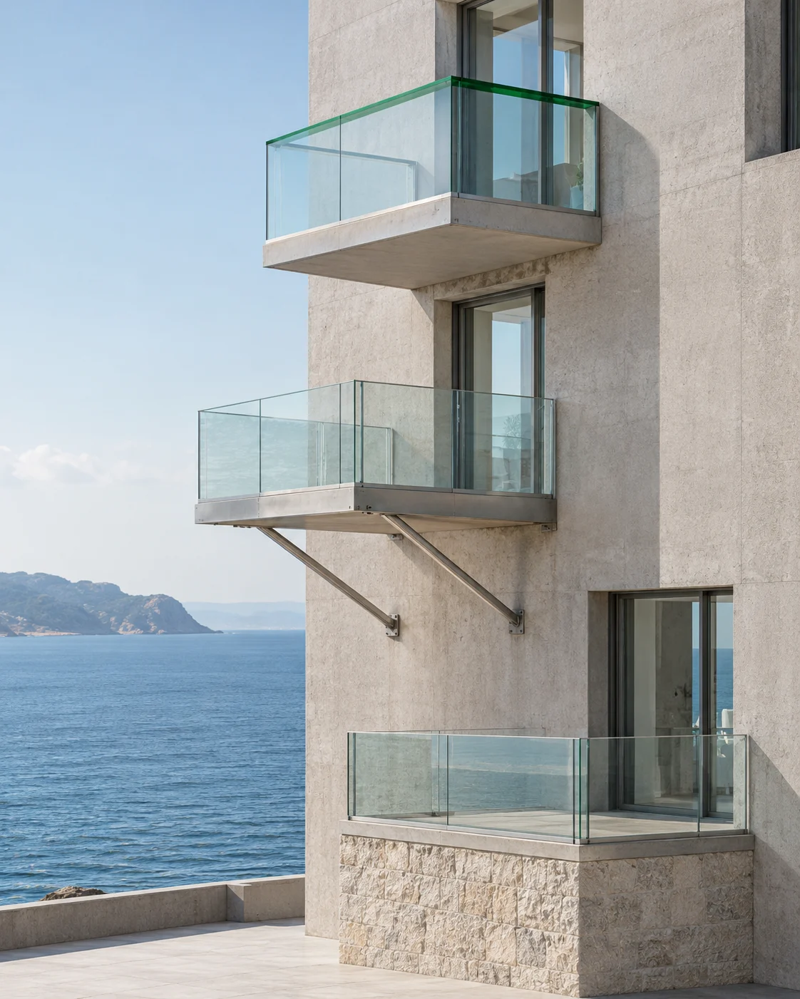 Three glass-railed balconies on a concrete tower above the sea: the top one stands out from the wall on its own, with a green glass edge; the middle one is held by two struts in a V; the lowest rests on a stone base.