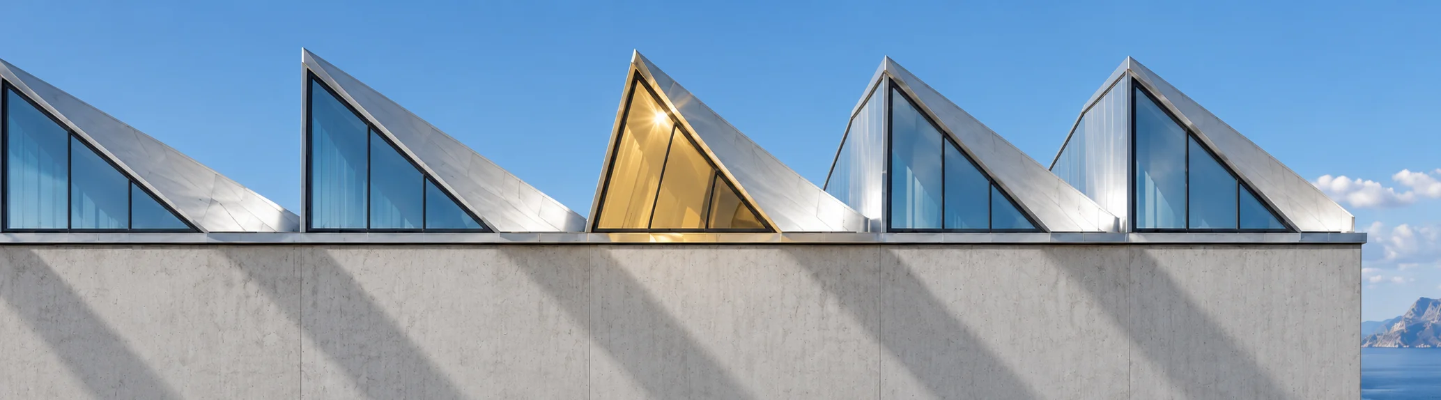 The roofline as a band: five triangular roof lights in a row above a concrete wall, their shadows falling in even bars, one of them glazed citrine.