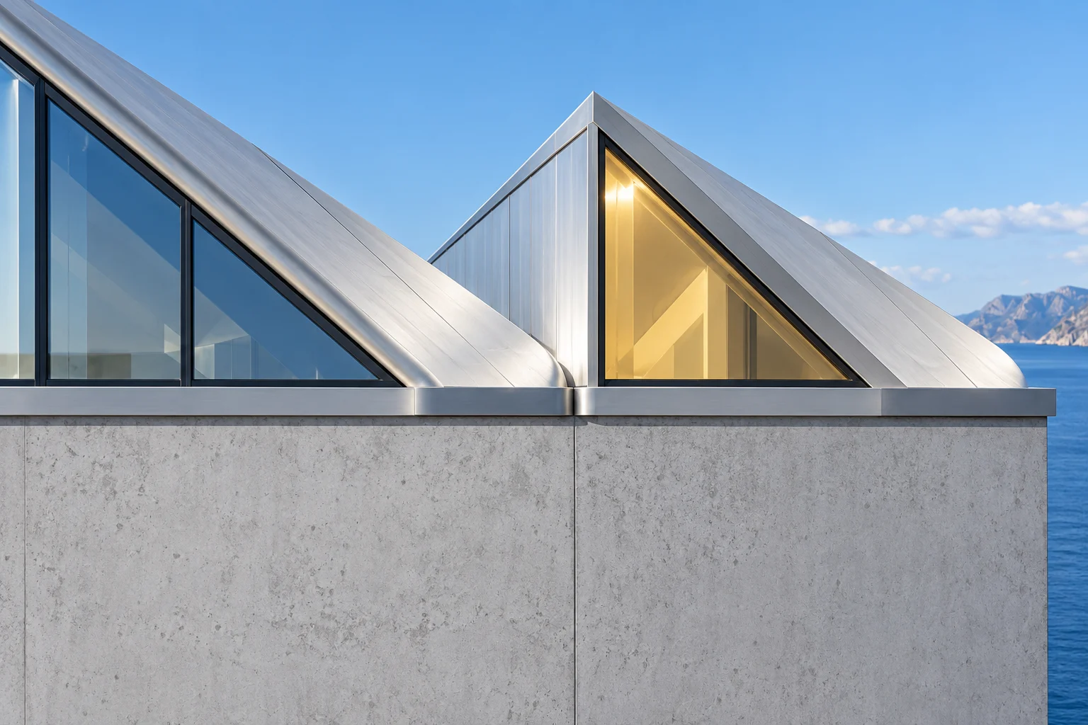 Two neighbouring roof lights on a concrete parapet above the sea: the same triangular shape twice, one glazed clear and one glazed citrine.