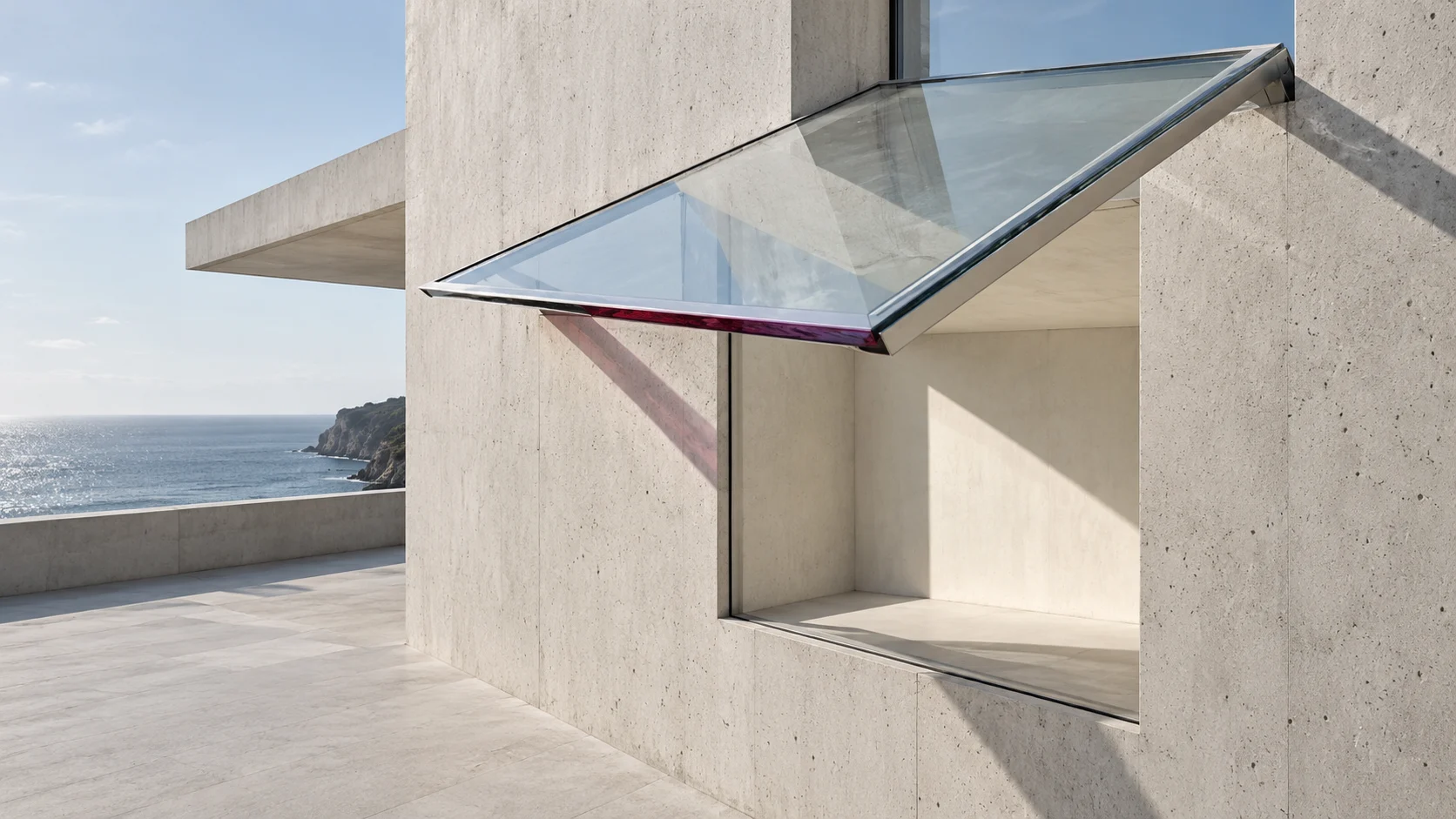 A glass canopy standing out from a concrete wall over a deep window recess, a rhodolite edge on its underside, the sea beyond the terrace.