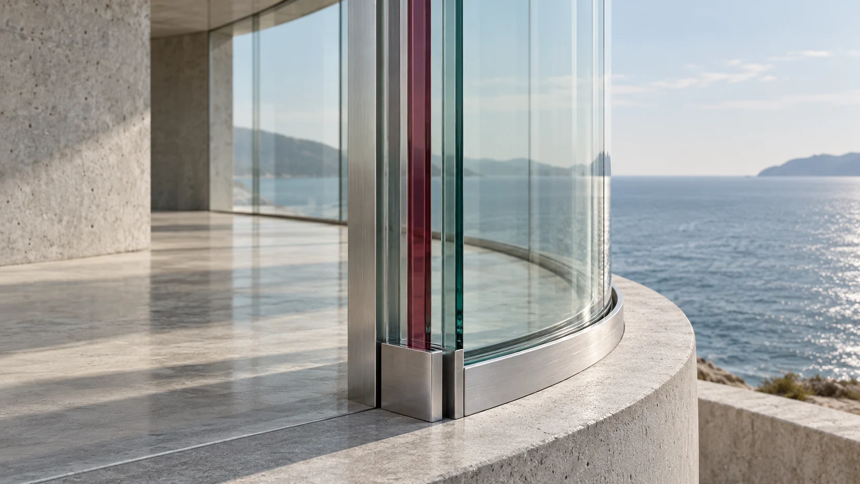 The end of a curved glass wall in its brushed steel channel on a round concrete terrace above the sea, with one rhodolite strip in the glass edge.