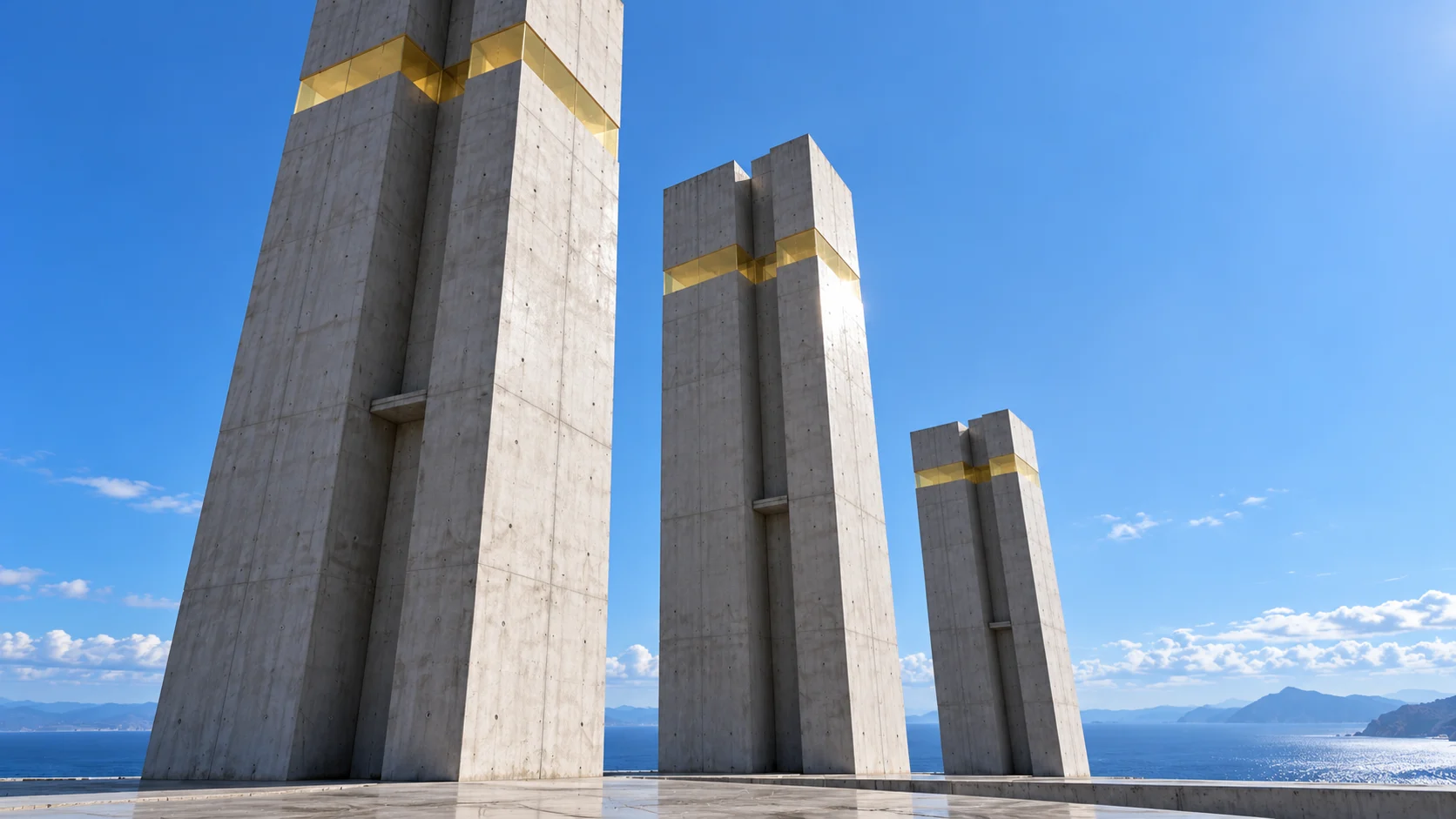 Seen from the terrace at the foot of the cores, looking up: three concrete shafts of different heights, each with a citrine band, stepping away towards the sea.