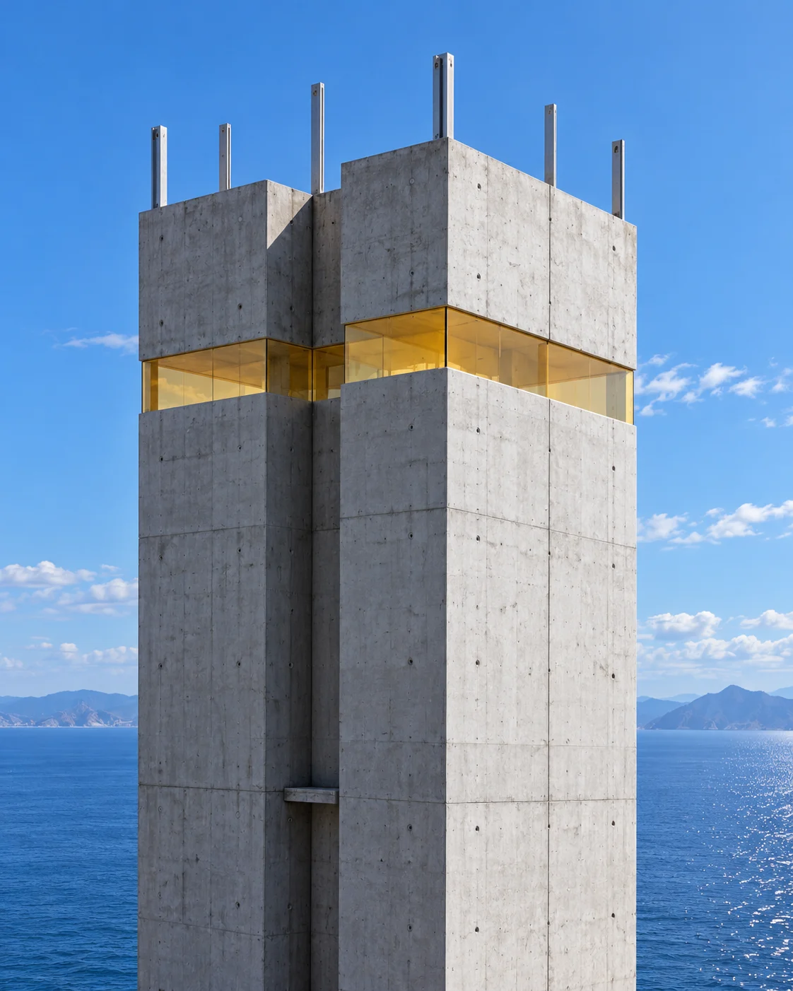 The top of one unfinished concrete core against the sky and the sea: slim steel uprights marking the next storey, and a citrine glazed band just under the top.