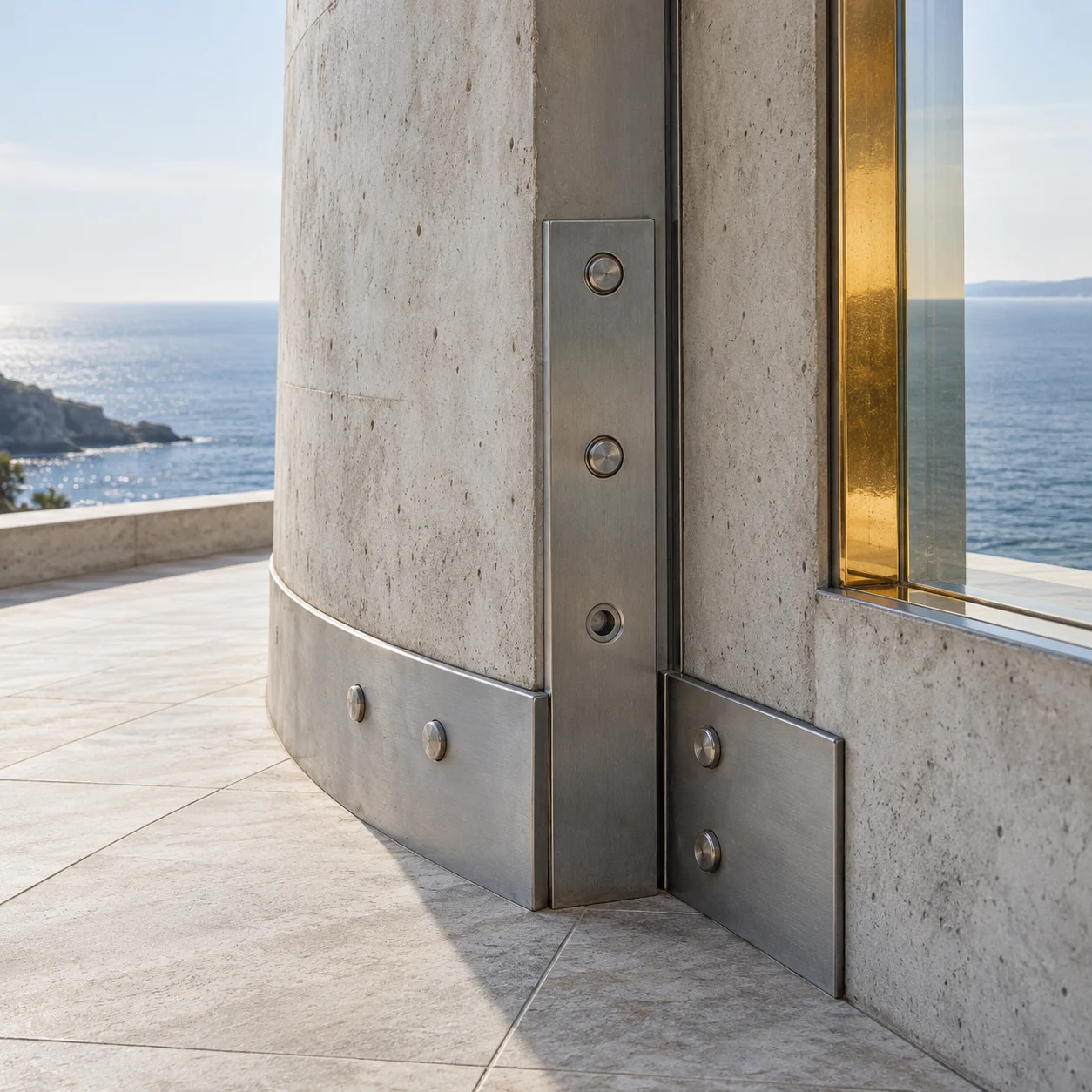 The foot of a curved concrete wall: a brushed steel joint with one fixing seat left empty, and a citrine window reveal beside it, the sea behind.