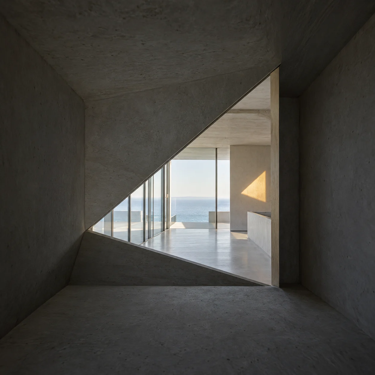 A dark triangular concrete pocket opening onto a bright glazed room and the sea beyond, with one small patch of citrine light on the far wall.