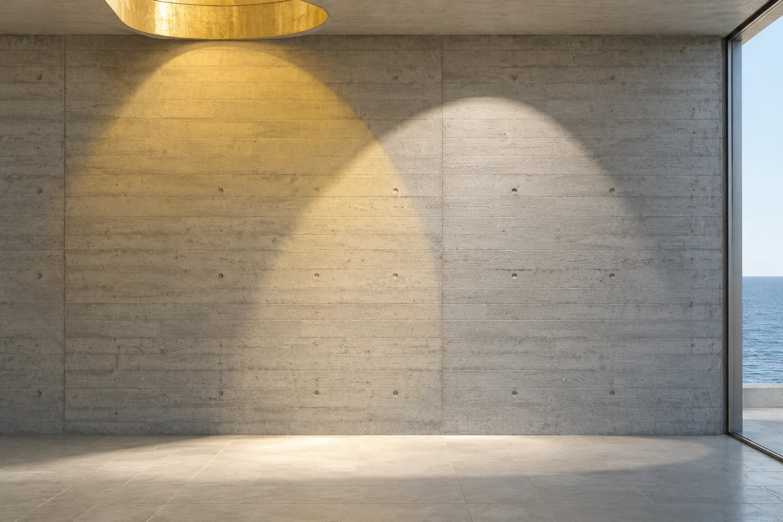 A board-marked concrete wall, square on: two pools of light overlap where the concrete is brighter, one of them citrine, with a strip of sea at the right.