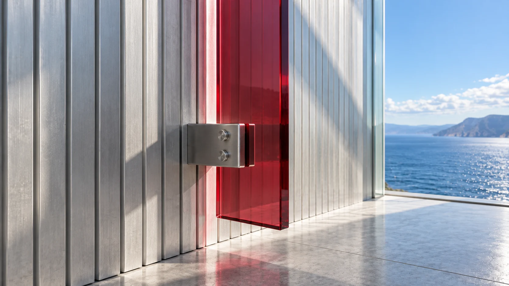 A fixed ruby glass fin held by a steel bracket with two fixings against a ribbed silver wall, the sea beyond.